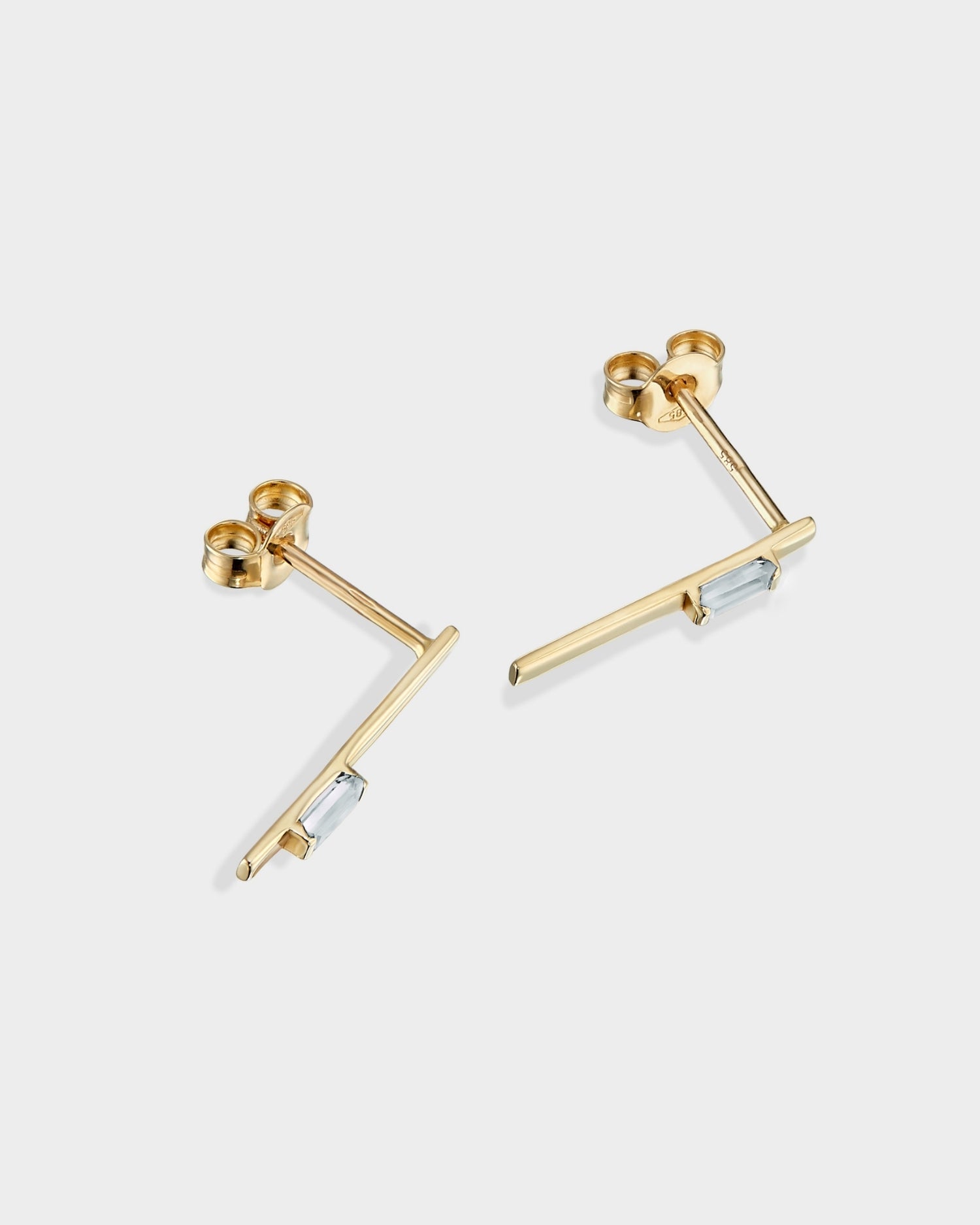 Baguette 14k gold linear earrings with aquamarine gemstones