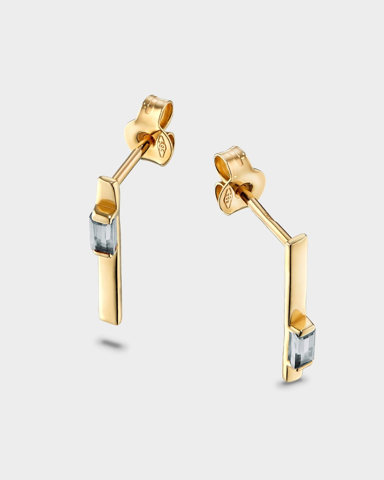 Baguette 14k gold linear earrings with aquamarine gemstones