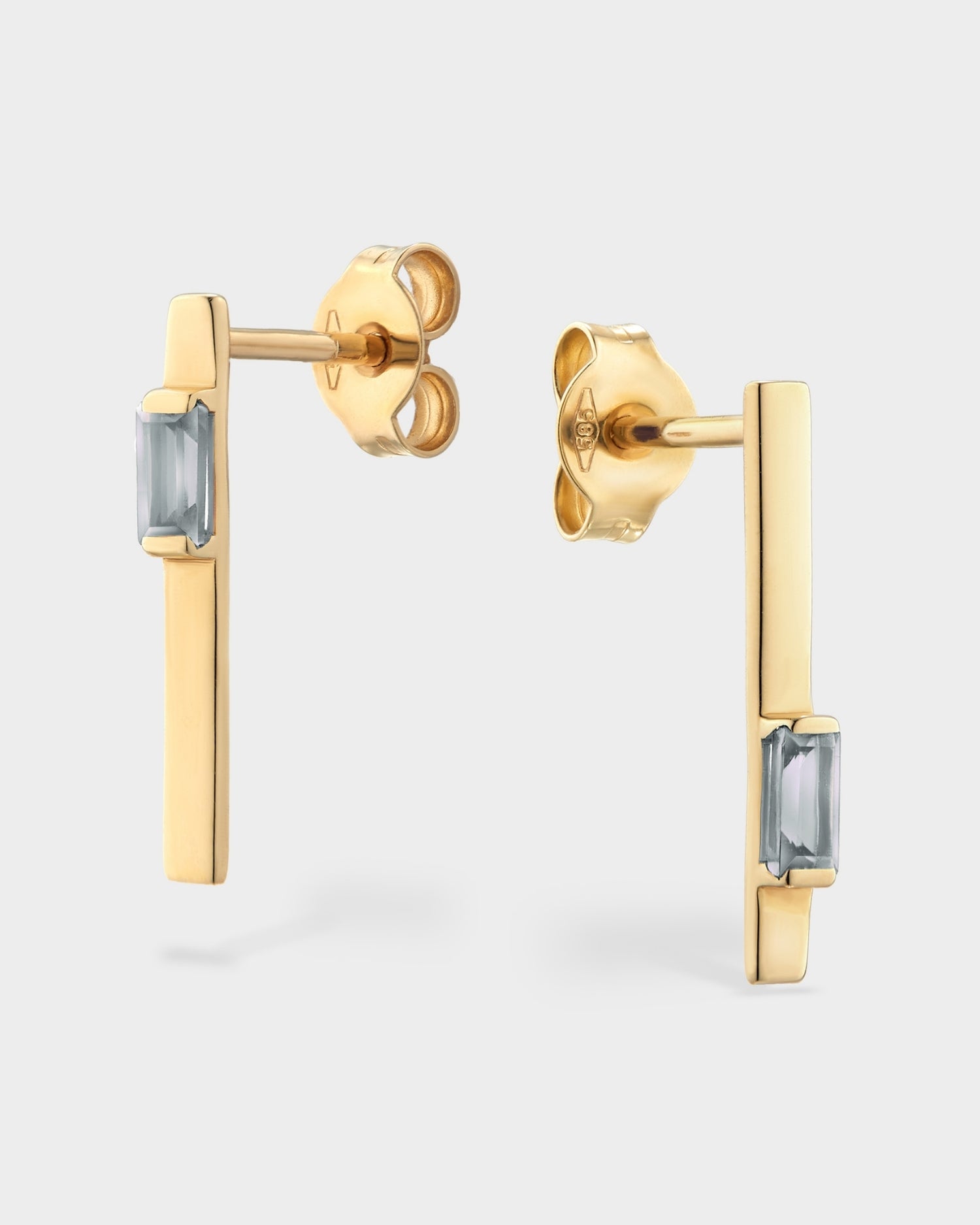 Baguette 14k gold linear earrings with aquamarine gemstones