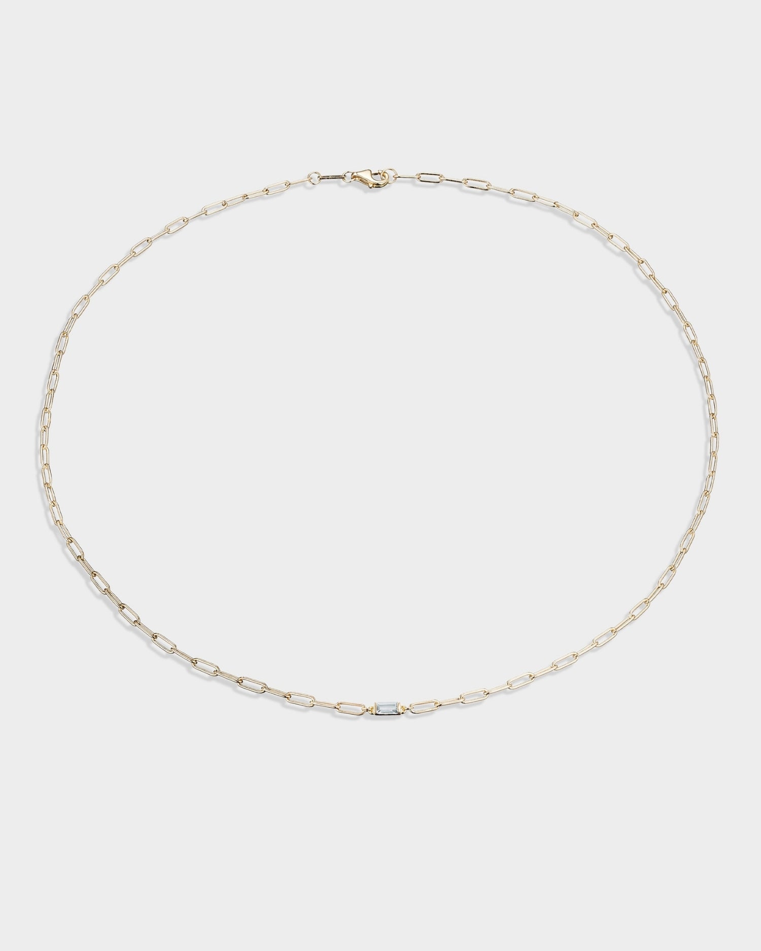 Baguette 14k gold paperclip necklace with aquamarine gemstone