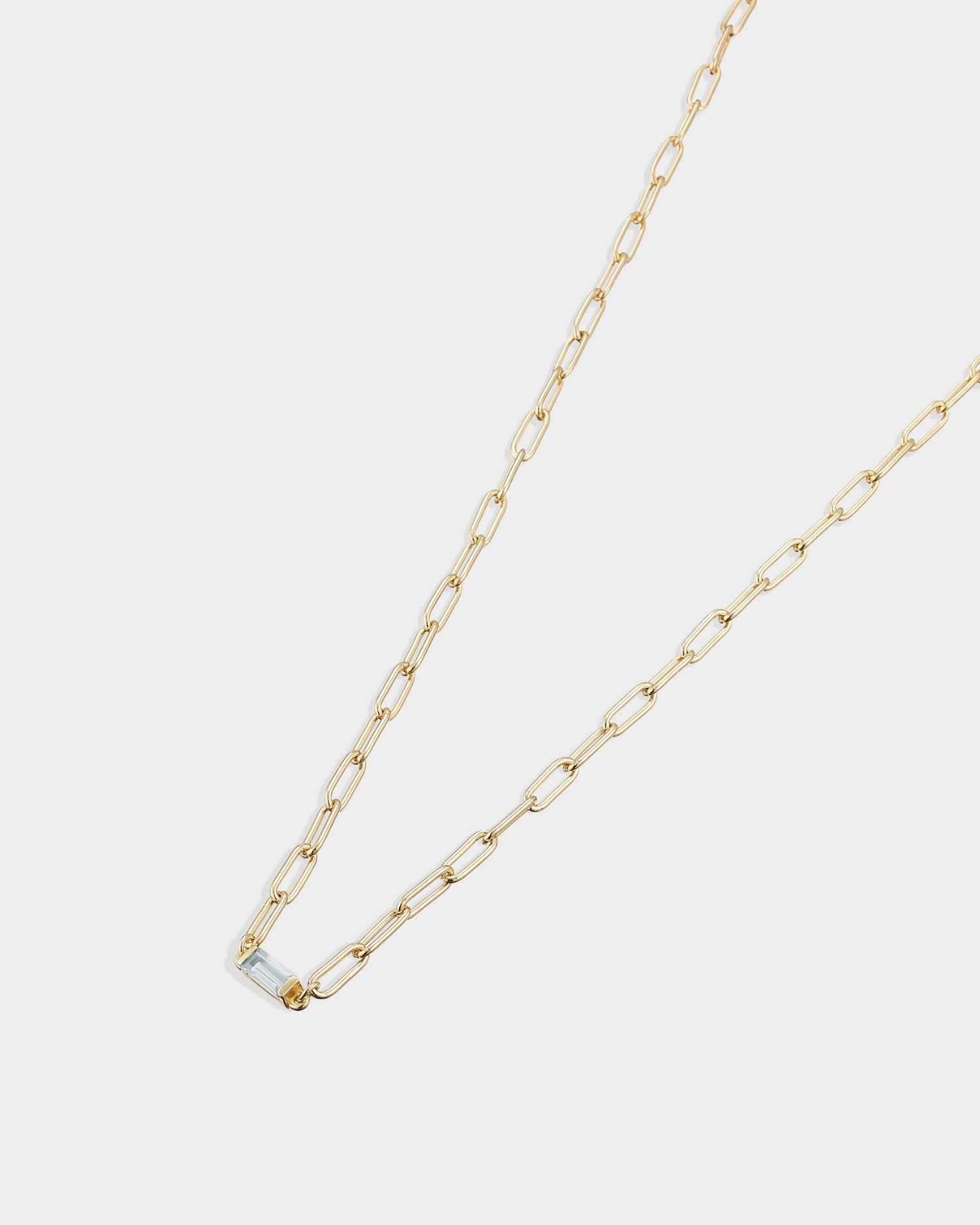 Baguette 14k gold paperclip necklace with aquamarine gemstone