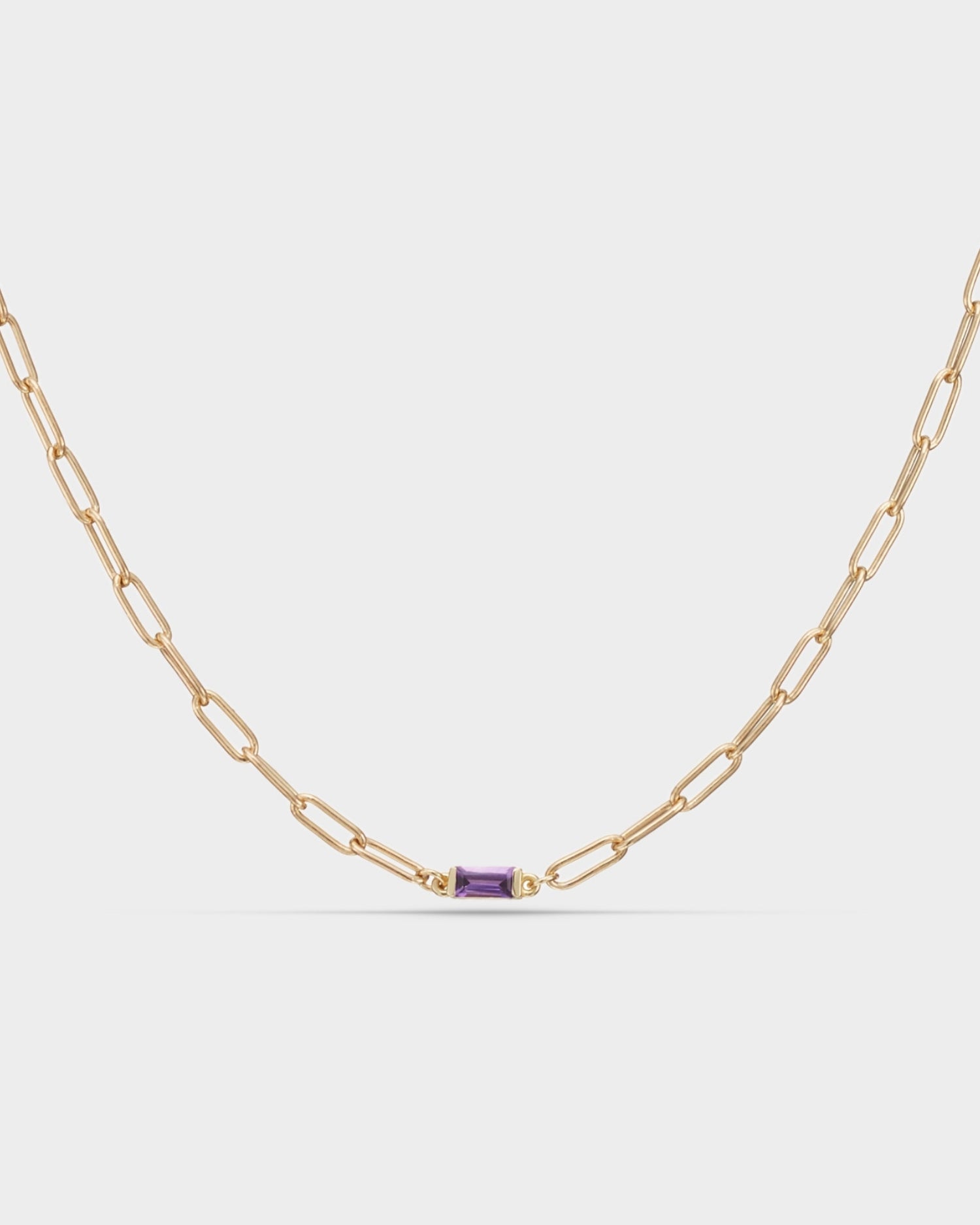 Baguette 14k gold paperclip necklace with amethyst gemstone