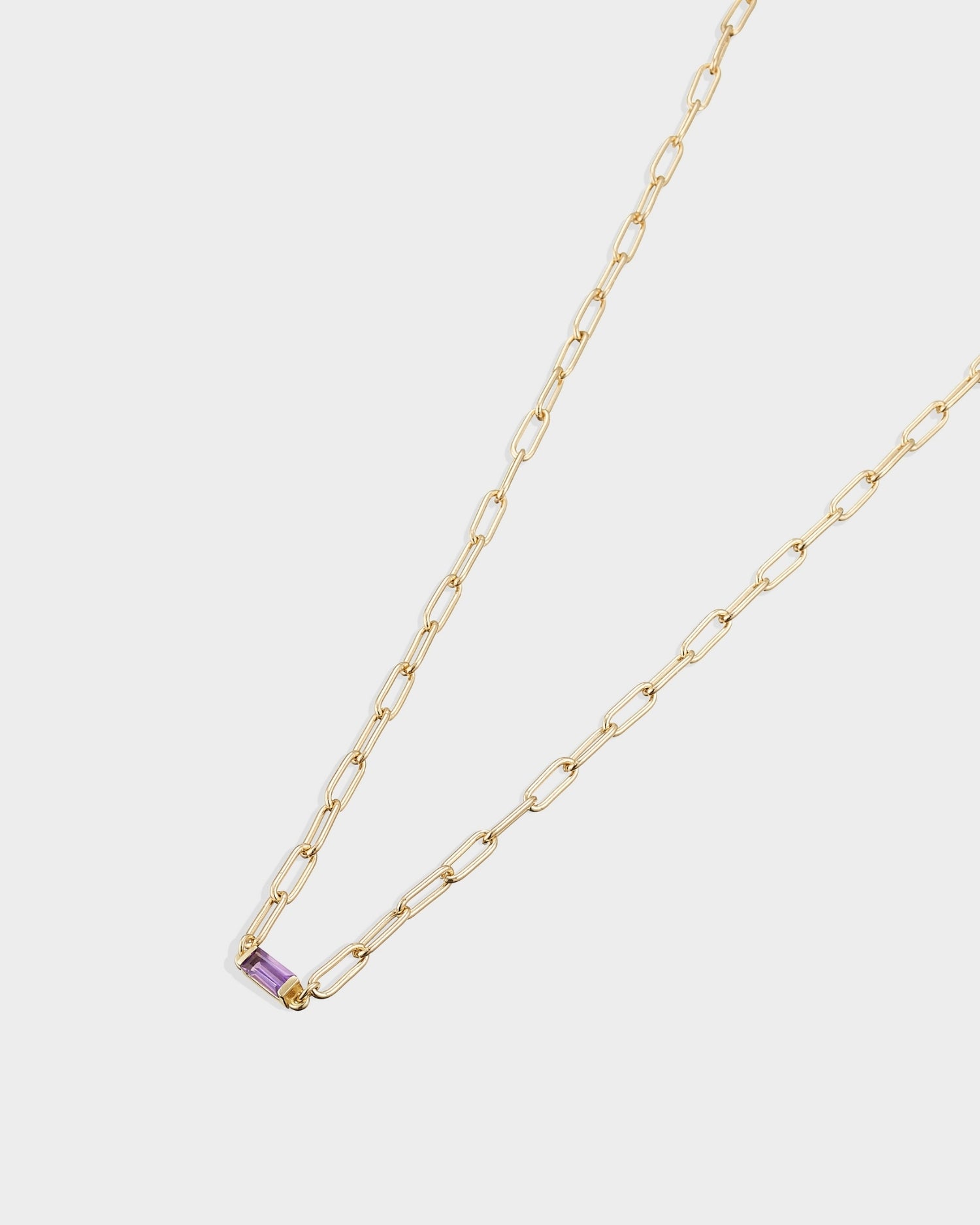 Baguette 14k gold paperclip necklace with amethyst gemstone