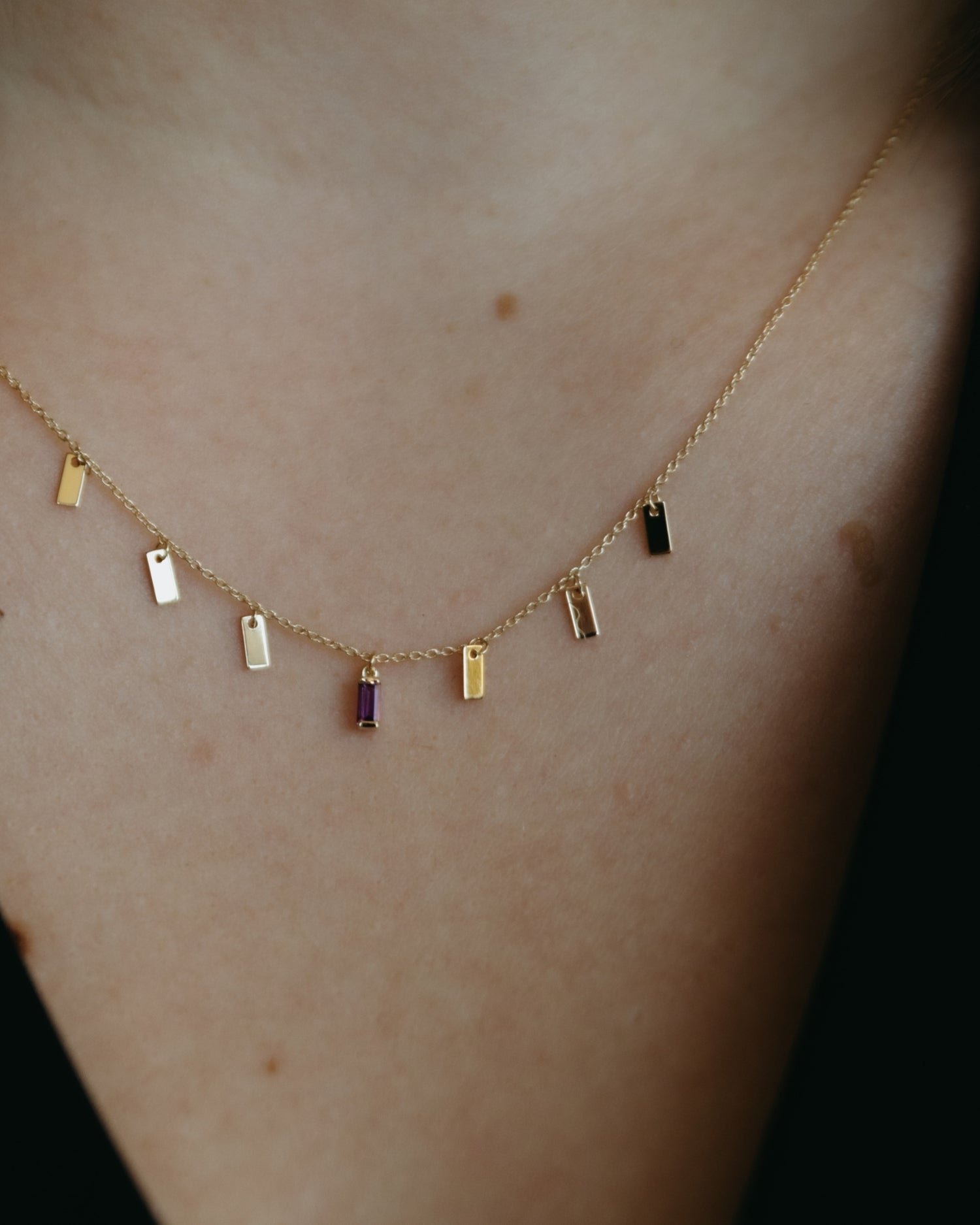 Baguette 14k gold string necklace with amethyst gemstone