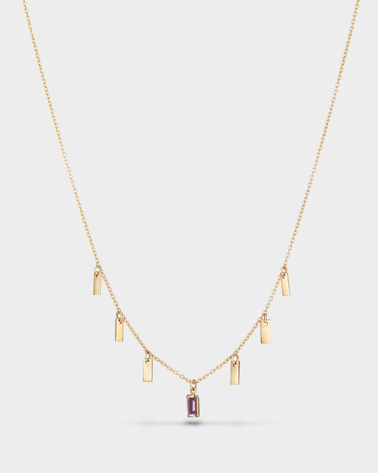 Baguette 14k gold string necklace with amethyst gemstone