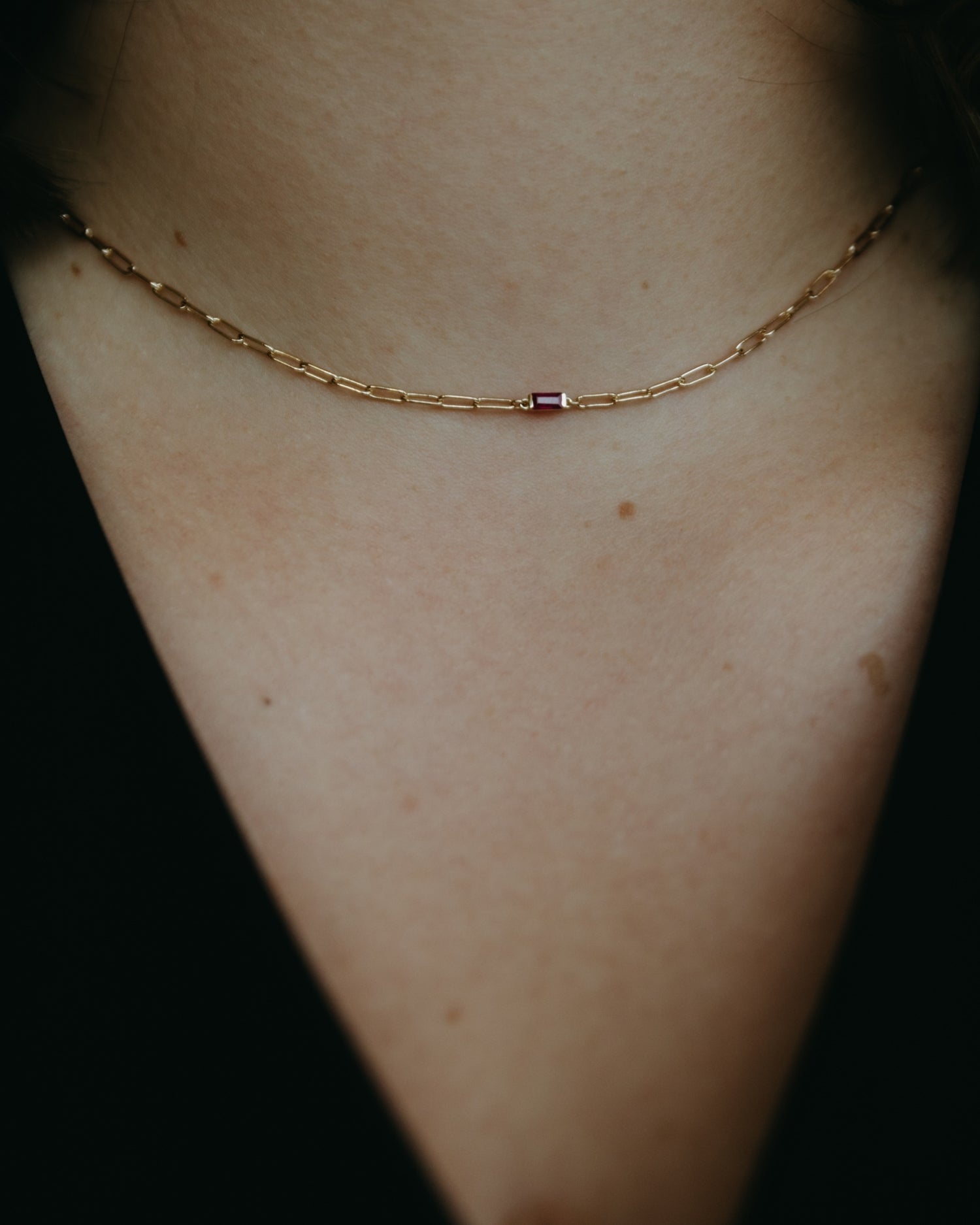 Baguette 14k gold paperclip necklace with ruby gemstone