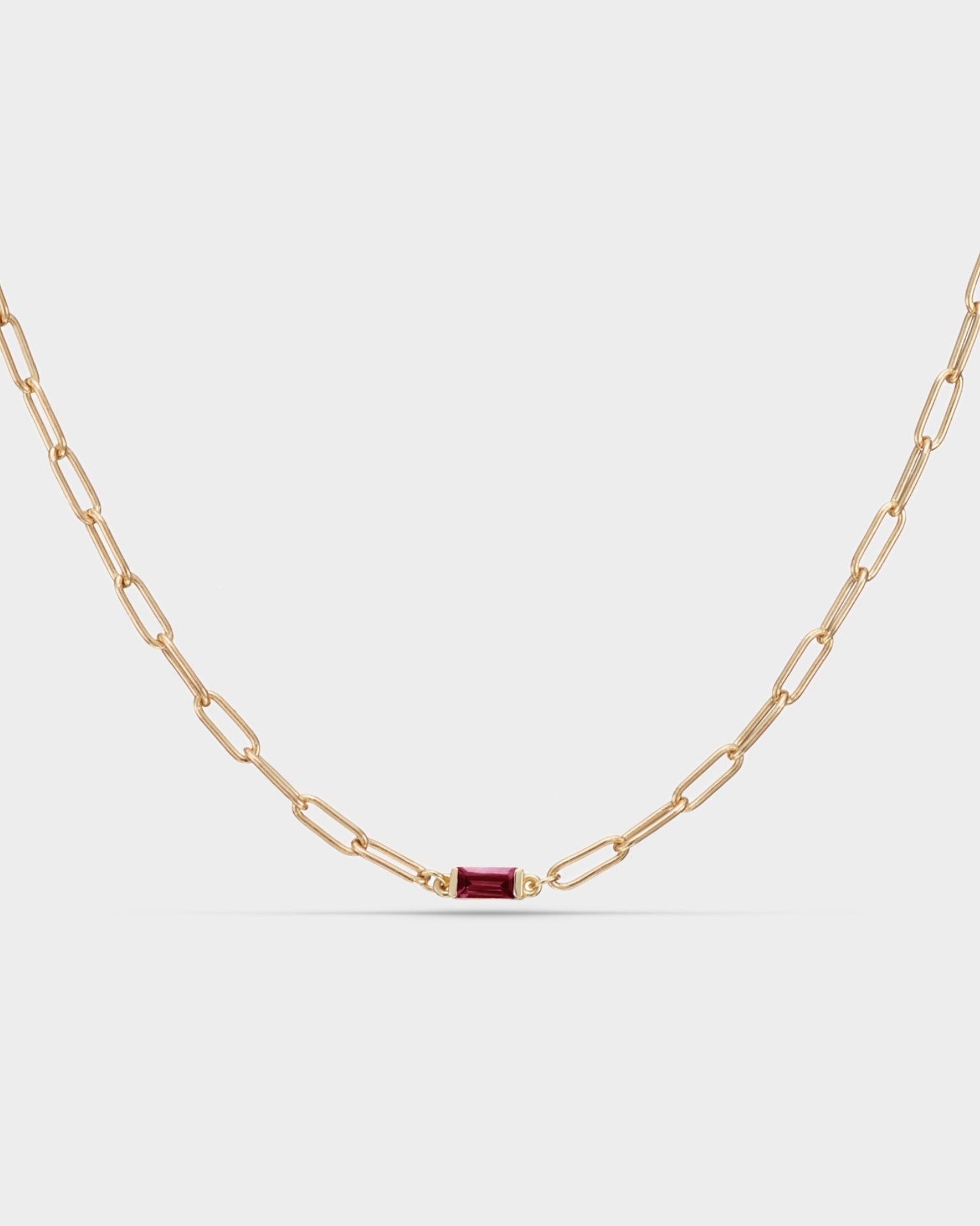 Baguette 14k gold paperclip necklace with ruby gemstone