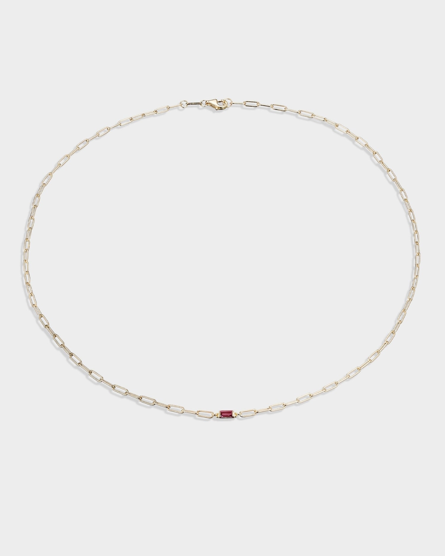 Baguette 14k gold paperclip necklace with ruby gemstone