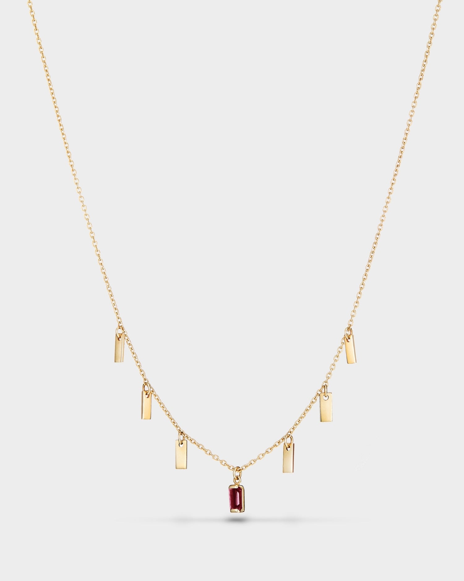 Baguette 14k gold string necklace with ruby gemstone