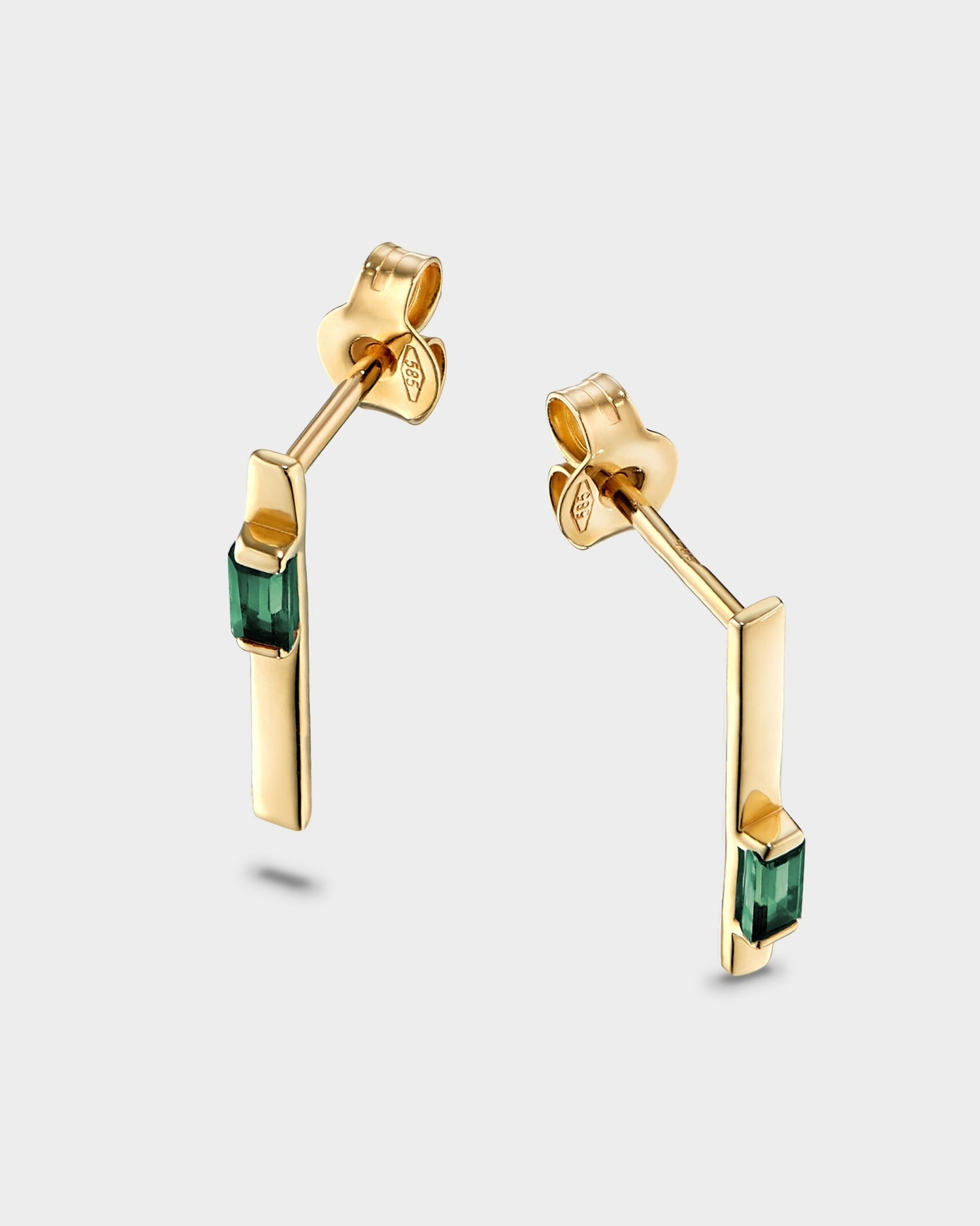 Baguette 14k gold linear earrings with emerald gemstones