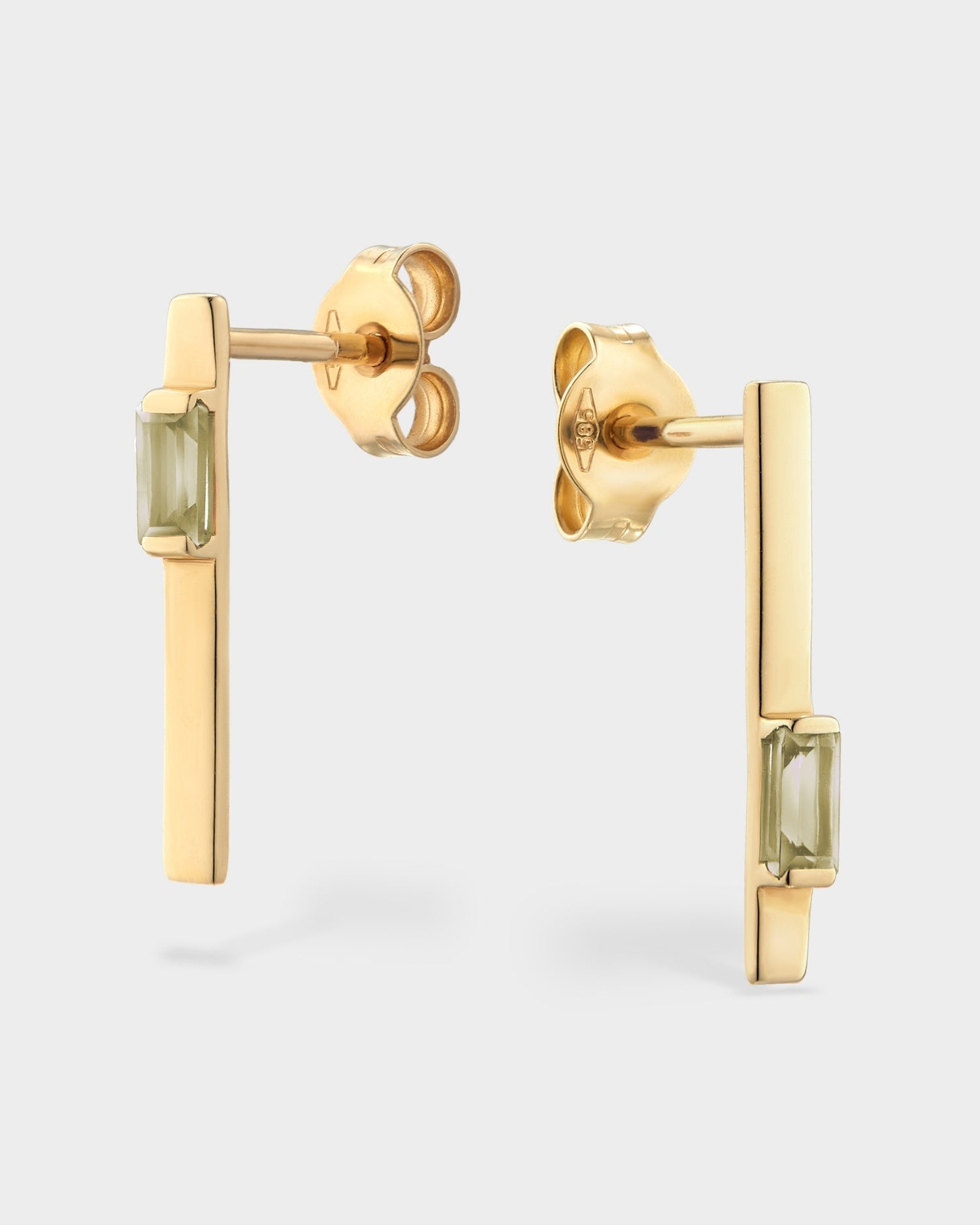 Baguette 14k gold linear earrings with peridot gemstones