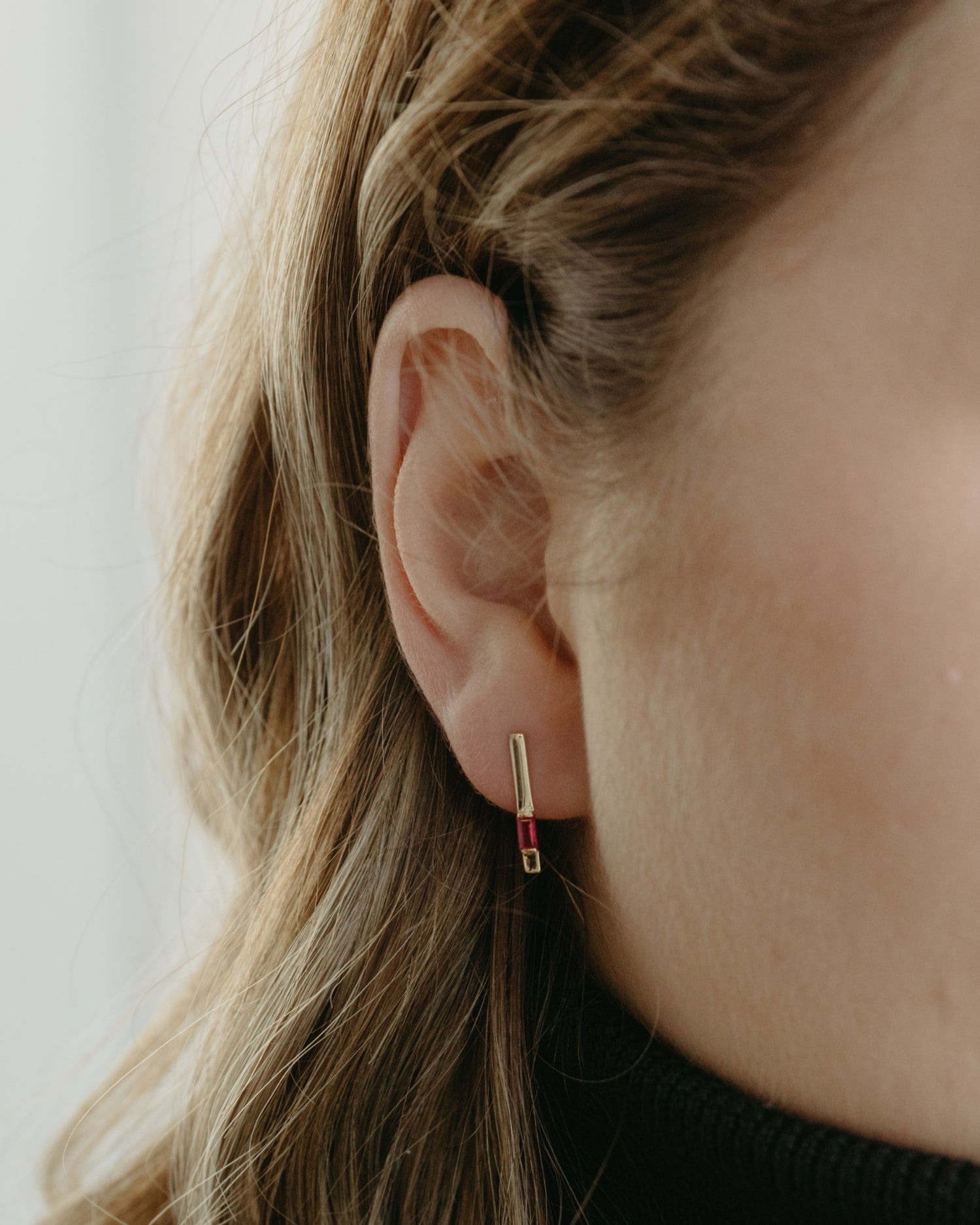 Baguette 14k gold linear earrings with ruby gemstones