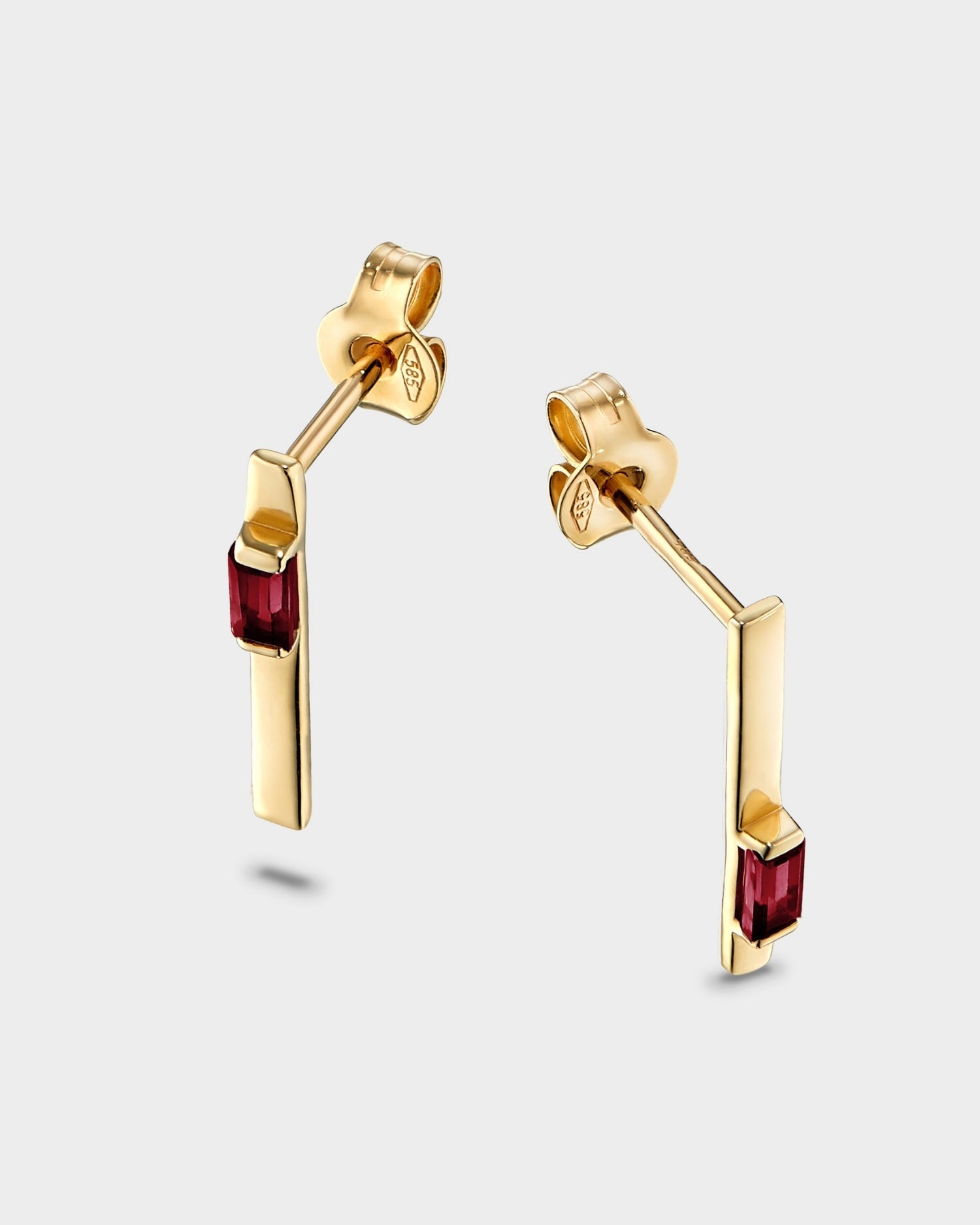 Baguette 14k gold linear earrings with ruby gemstones