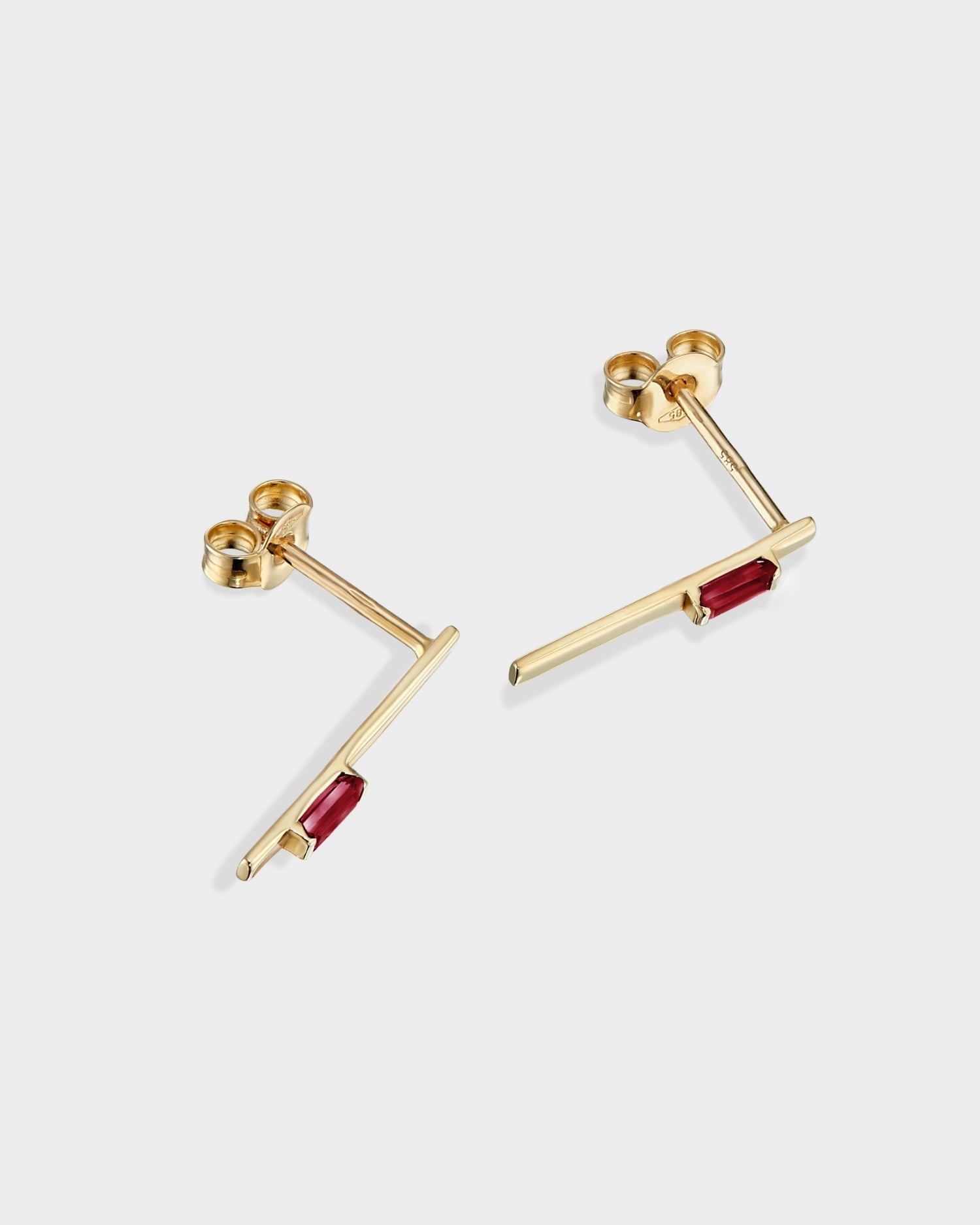 Baguette 14k gold linear earrings with ruby gemstones