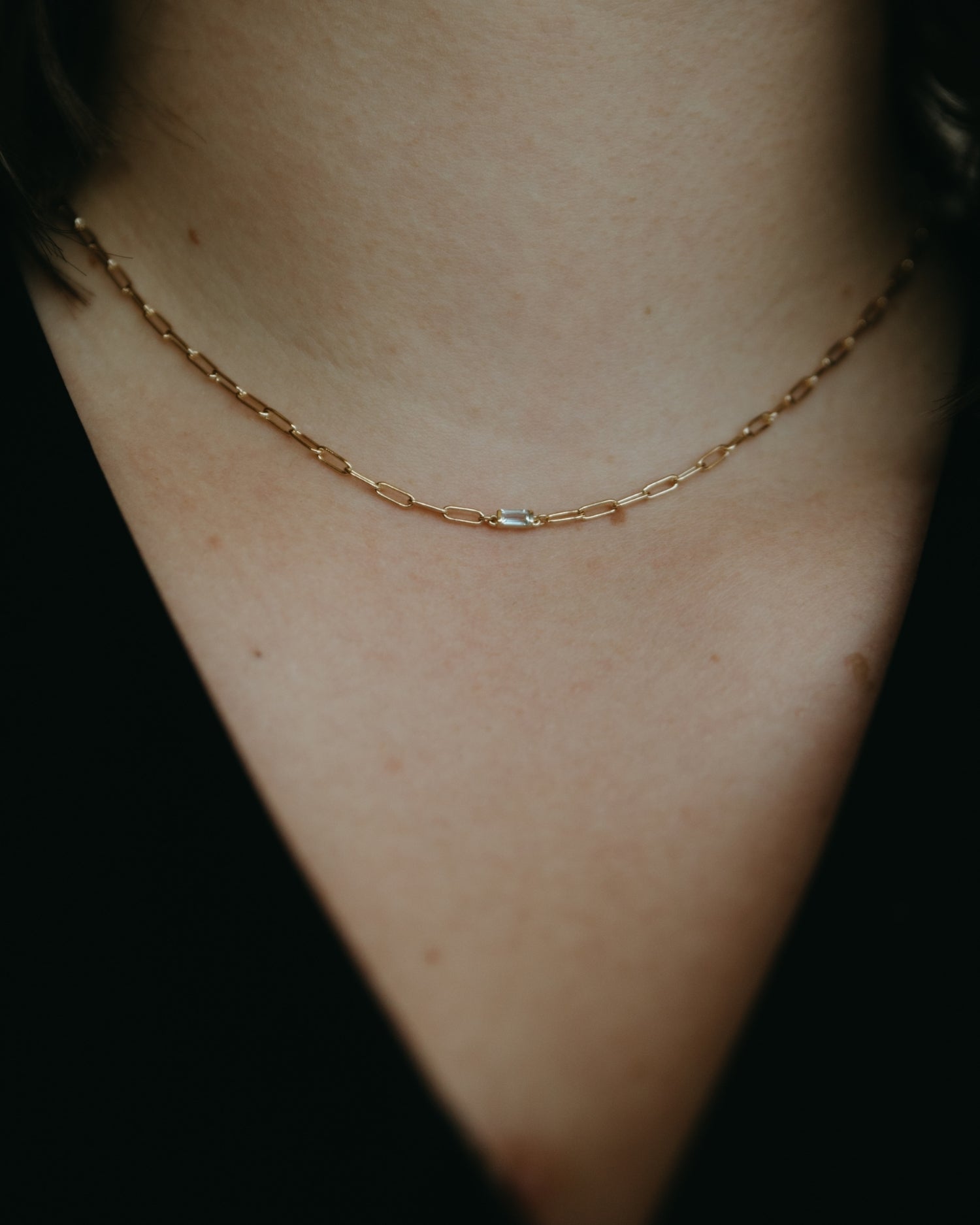 Baguette 14k gold paperclip necklace with aquamarine gemstone
