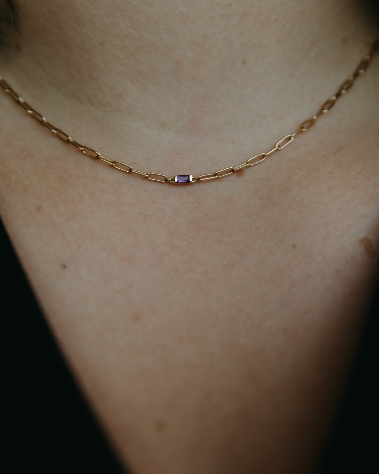 Baguette 14k gold paperclip necklace with amethyst gemstone