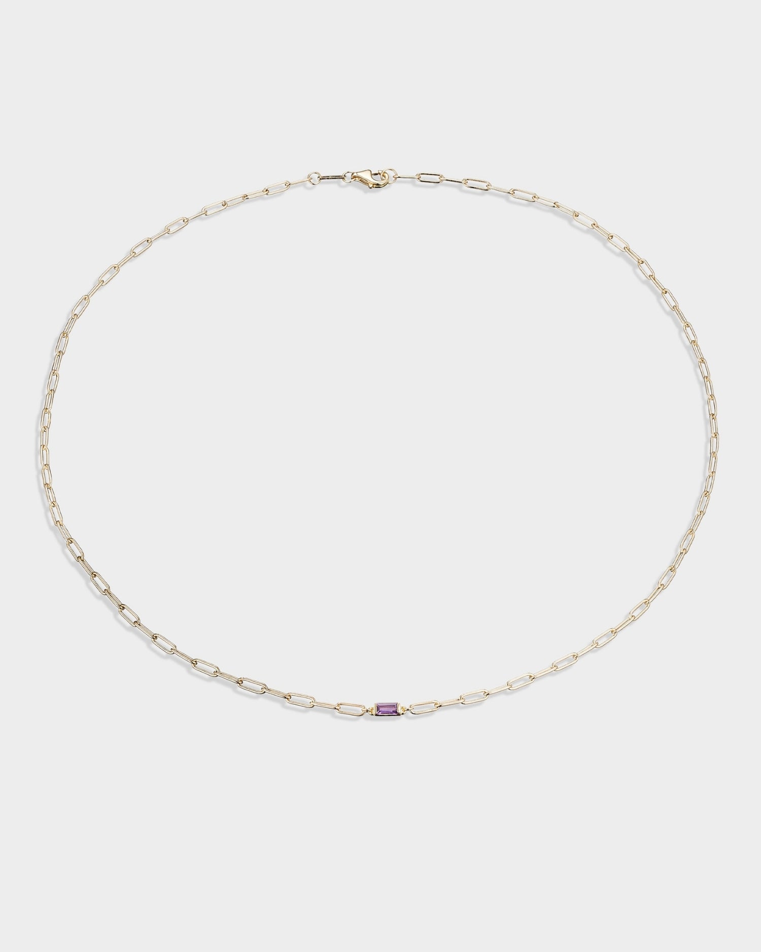 Baguette 14k gold paperclip necklace with amethyst gemstone