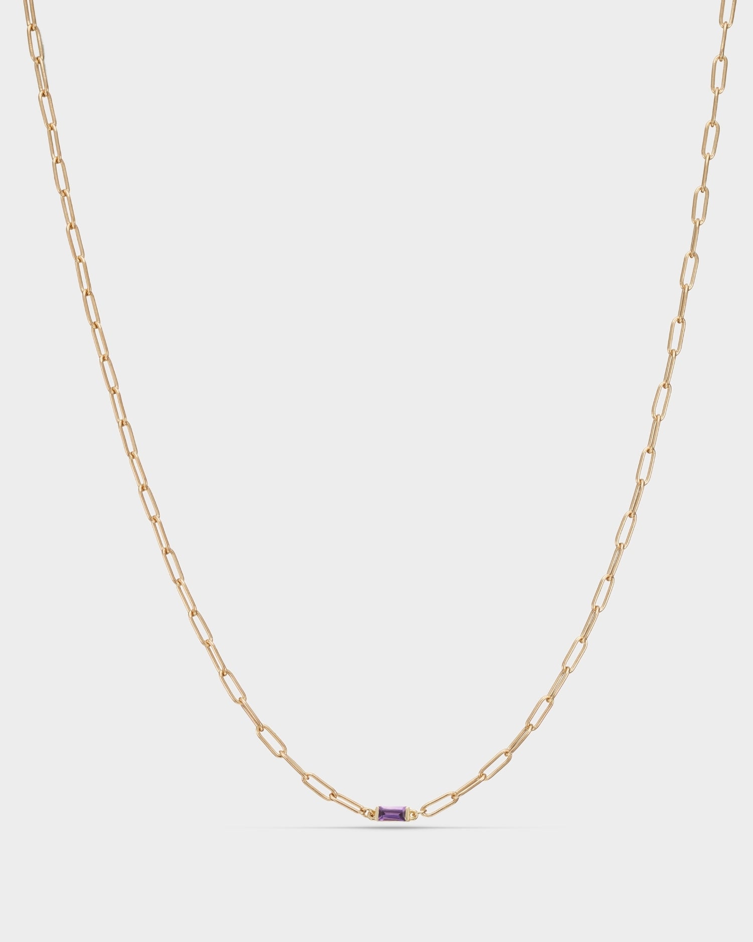 Baguette 14k gold paperclip necklace with amethyst gemstone