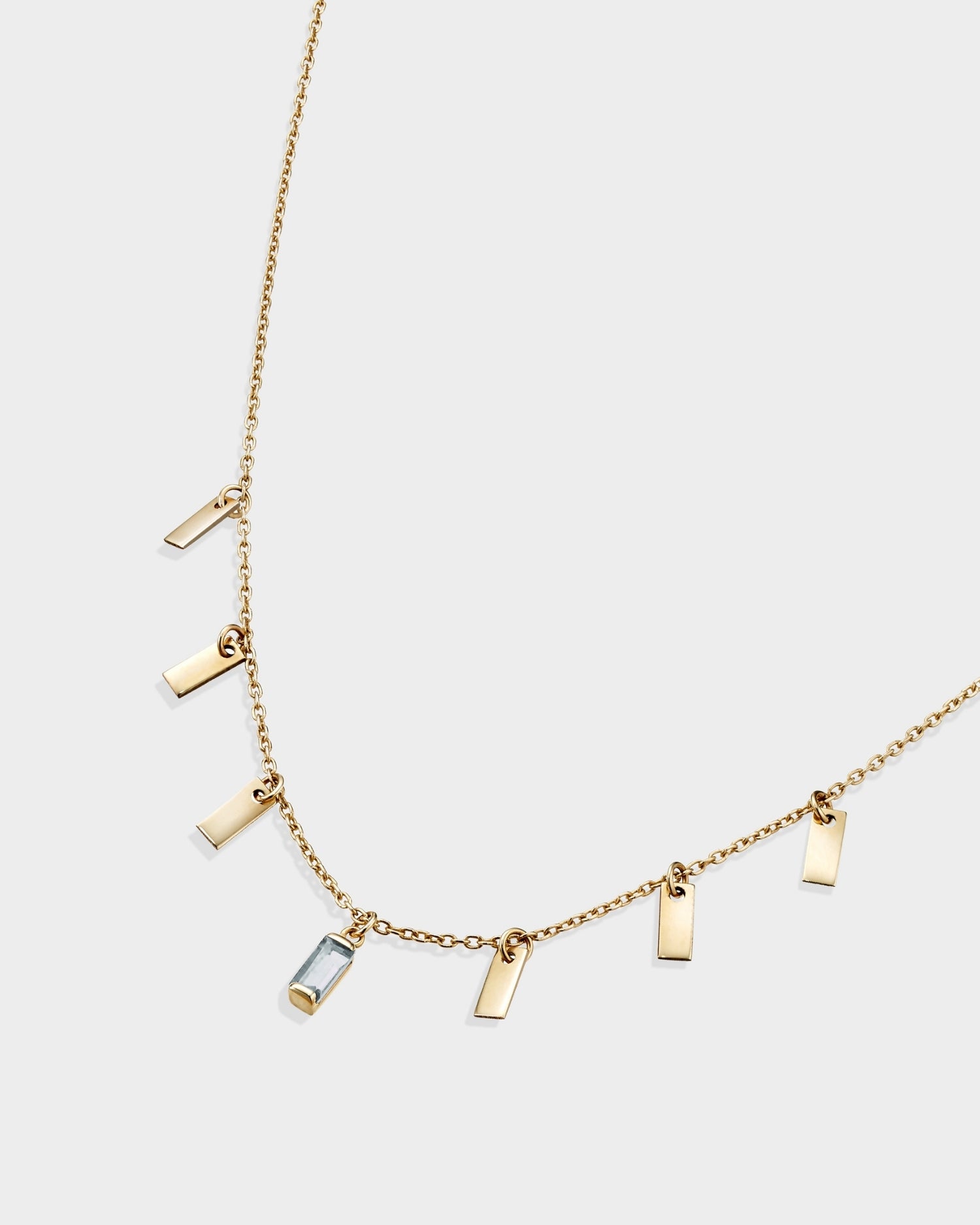 Baguette 14k gold string necklace with aquamarine gemstone