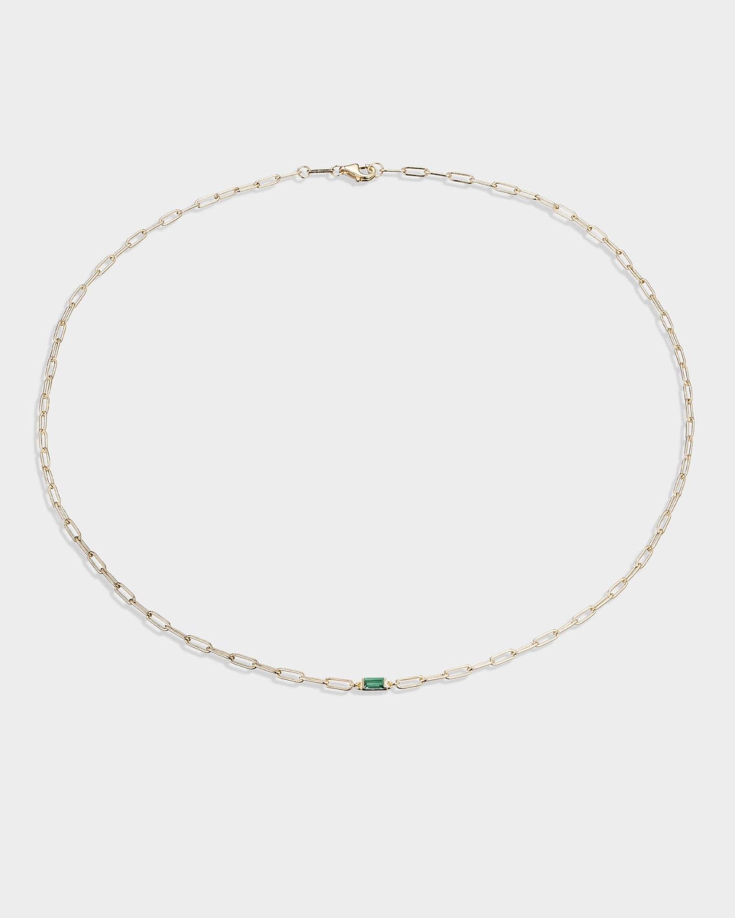 Baguette 14k gold paperclip necklace with emerald gemstone