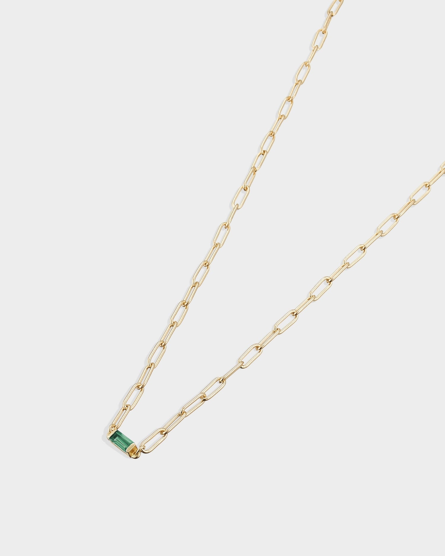 Baguette 14k gold paperclip necklace with emerald gemstone