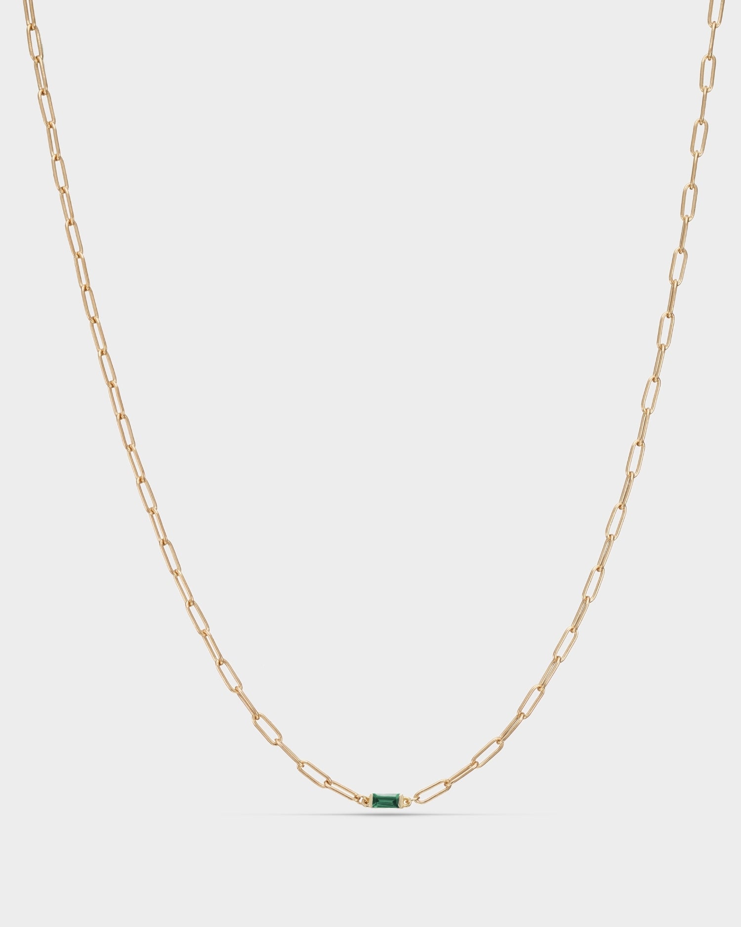 Baguette 14k gold paperclip necklace with emerald gemstone
