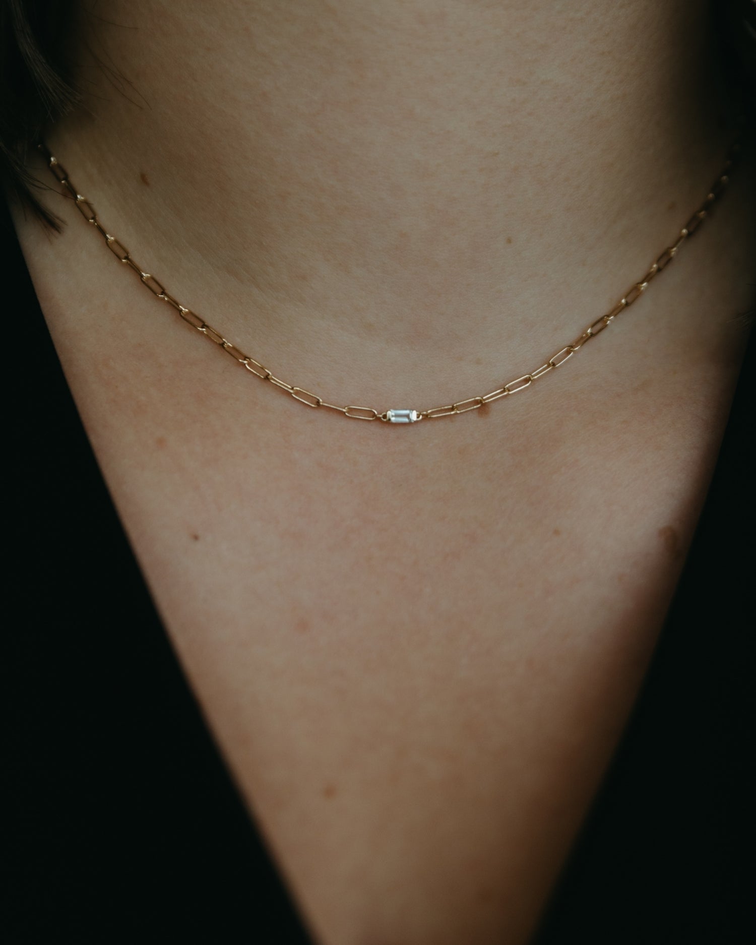 Baguette 14k gold paperclip necklace with natural diamond