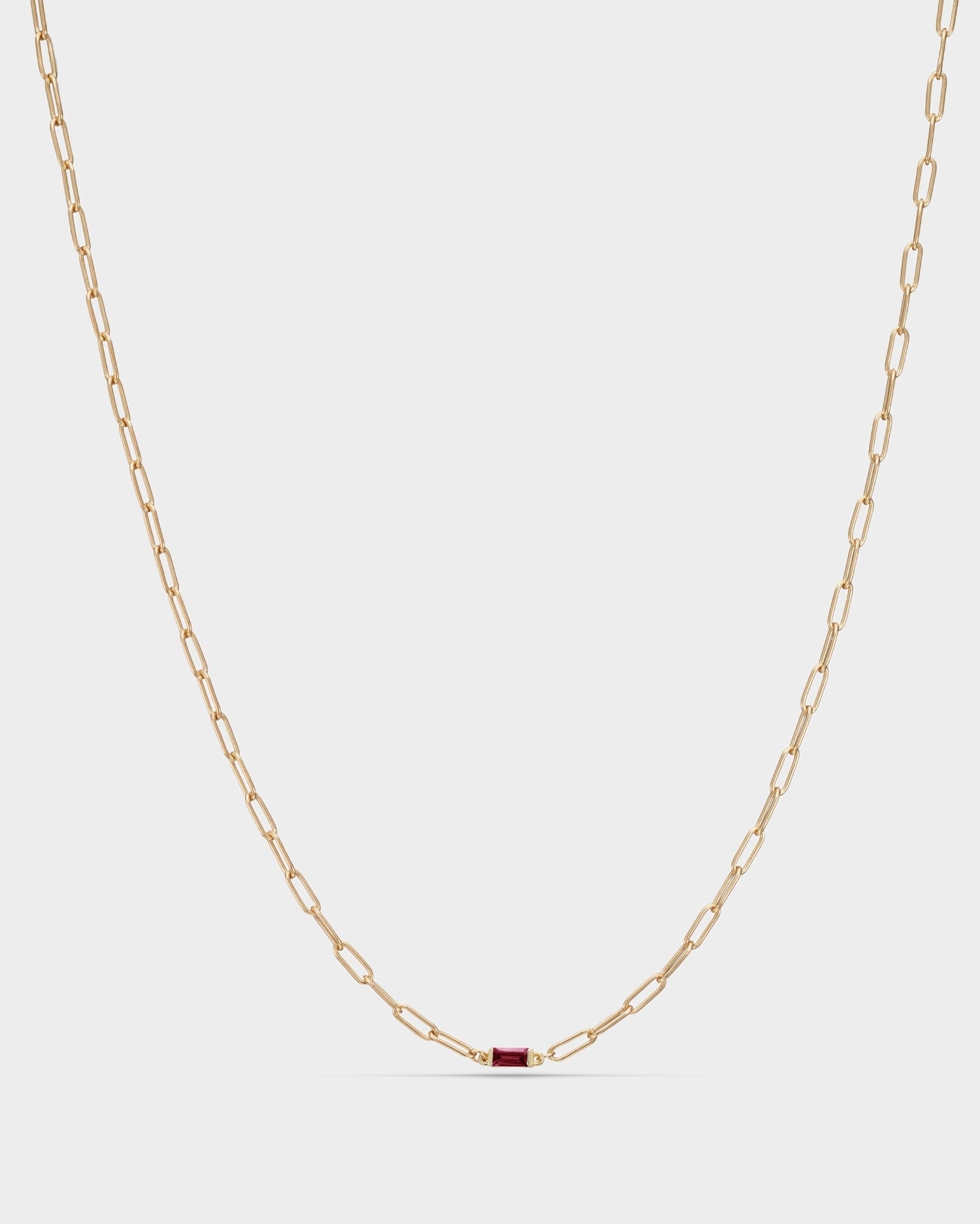 Baguette 14k gold paperclip necklace with ruby gemstone