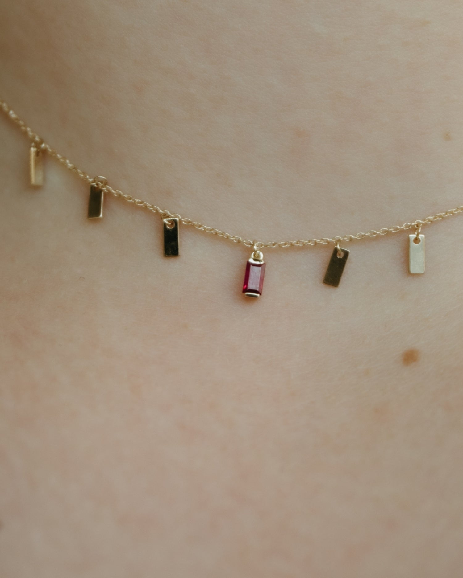 Baguette 14k gold string necklace with ruby gemstone