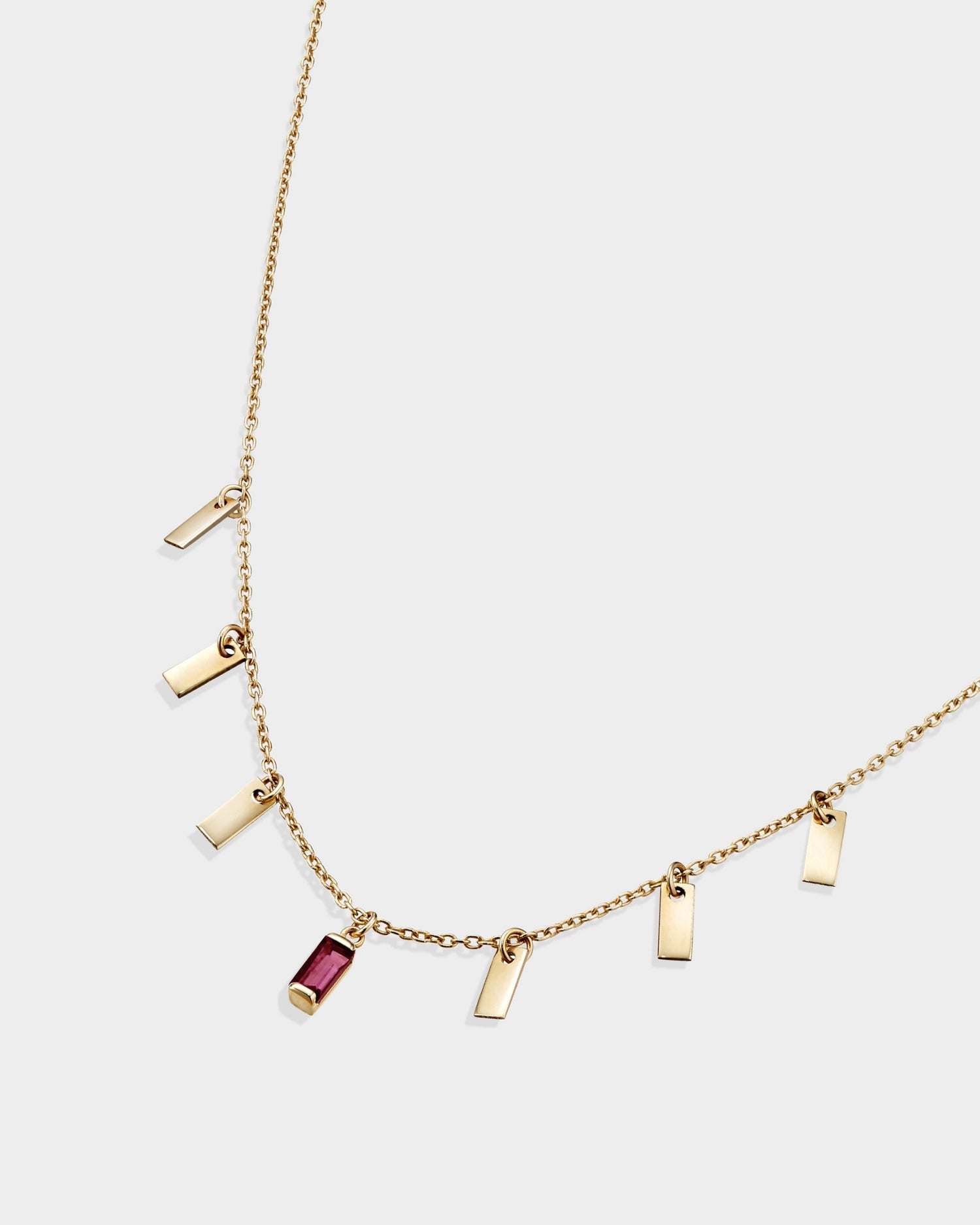 Baguette 14k gold string necklace with ruby gemstone