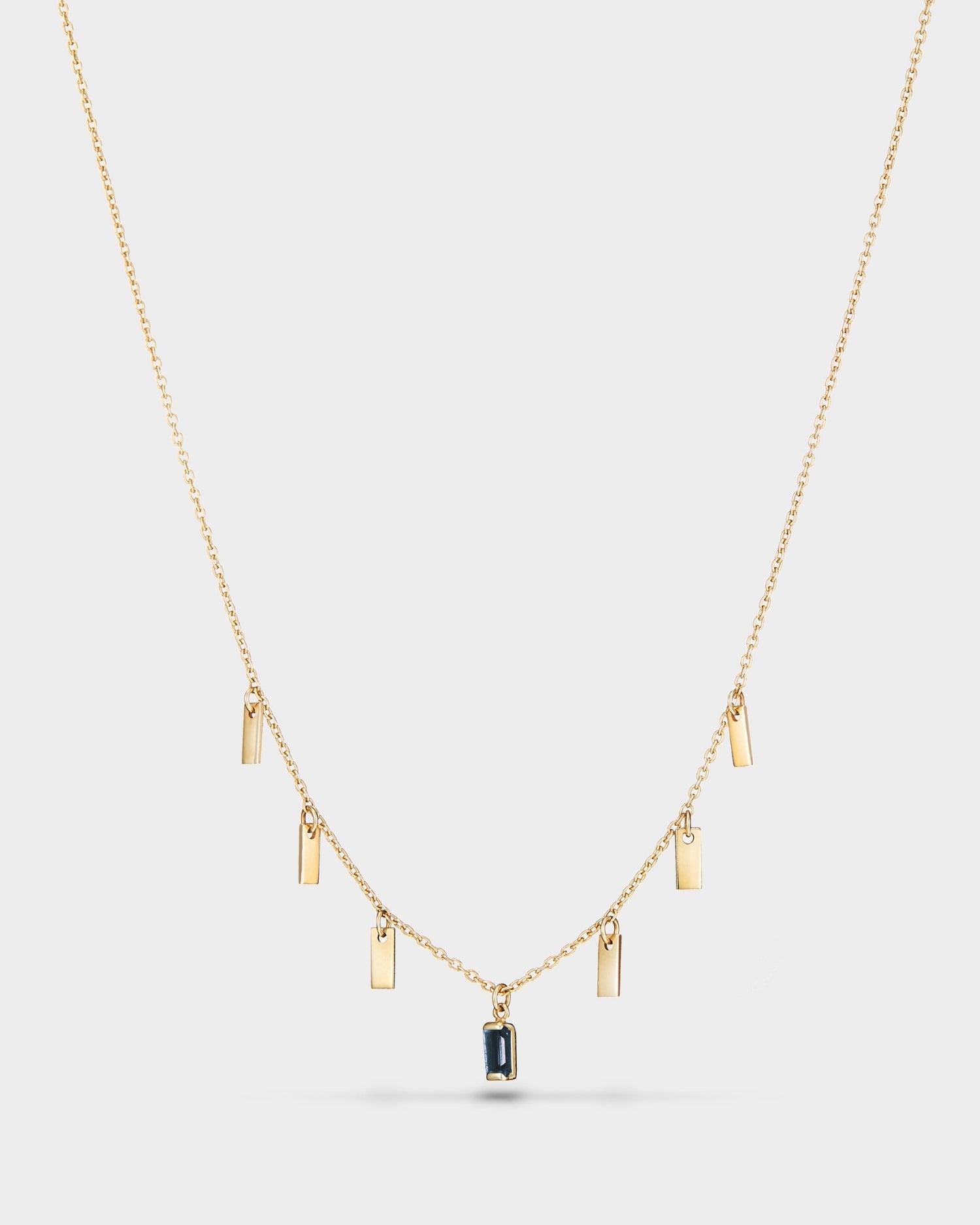 Baguette 14k gold string necklace with sapphire gemstone