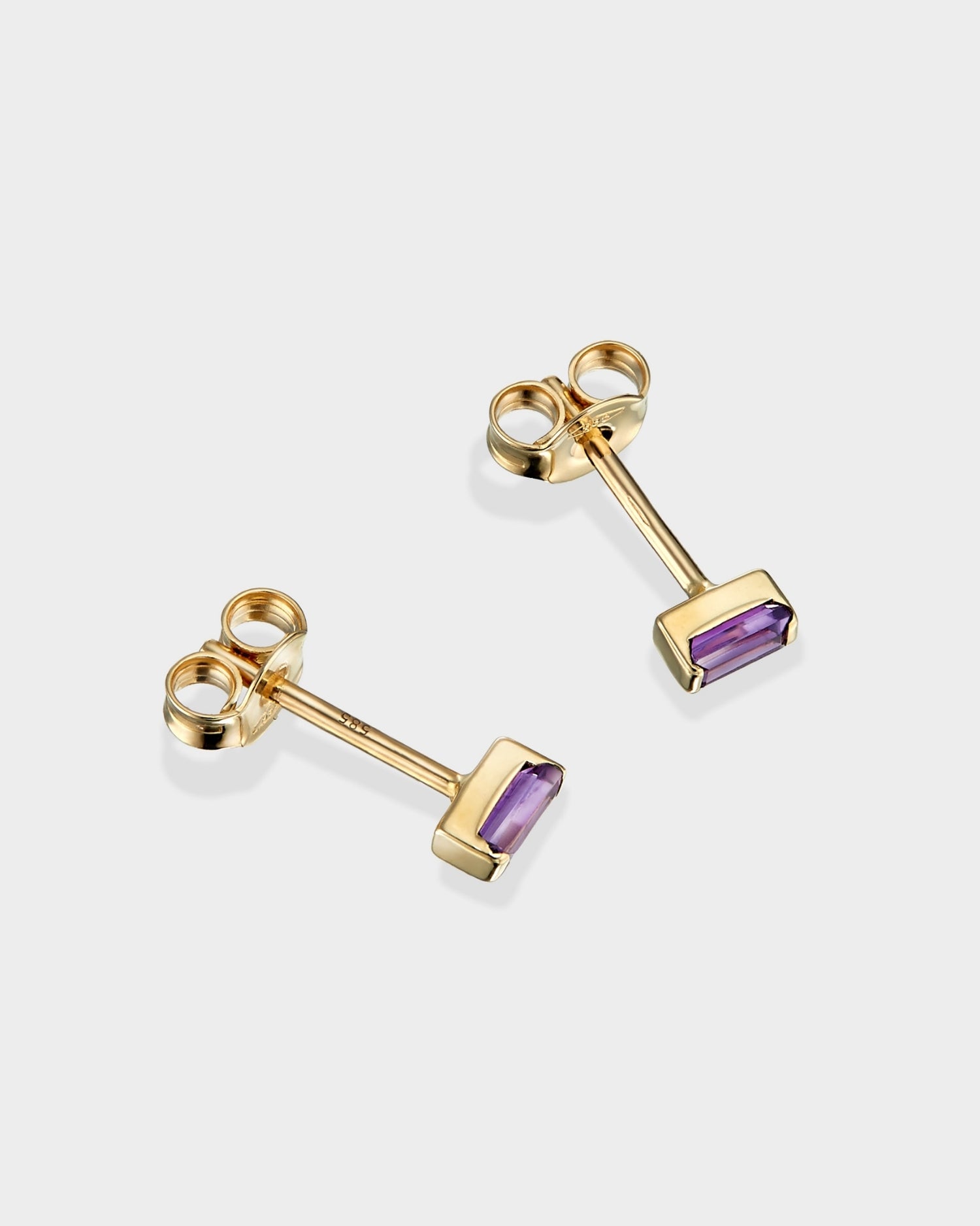 Baguette 14k gold stud earrings with amethyst gemstones