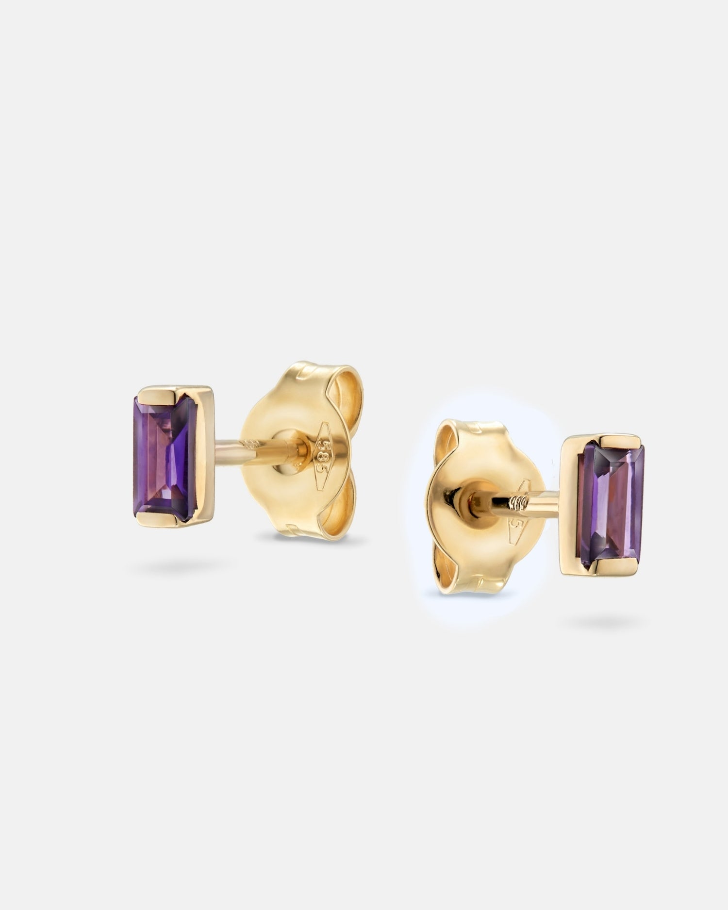 Baguette 14k gold stud earrings with amethyst gemstones