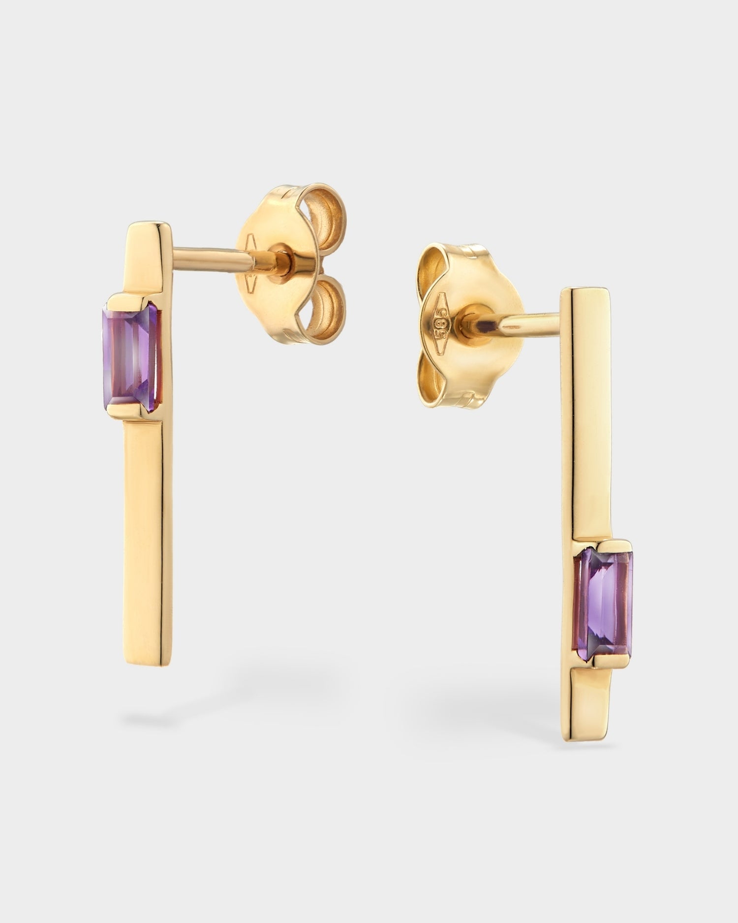 Baguette 14k gold linear earrings with amethyst gemstones