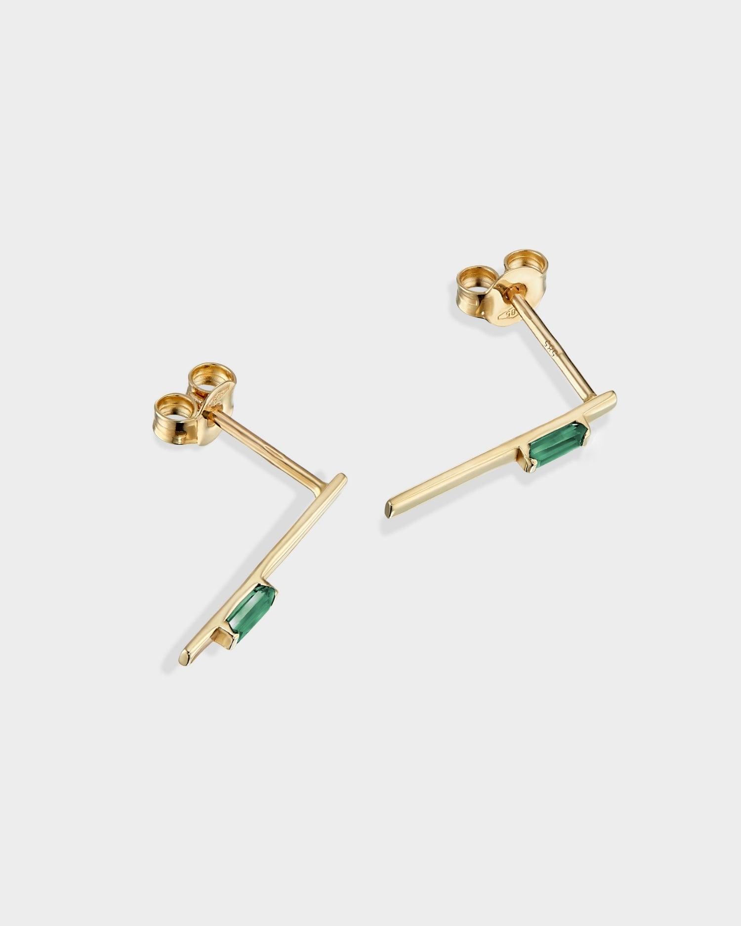 Baguette 14k gold linear earrings with emerald gemstones