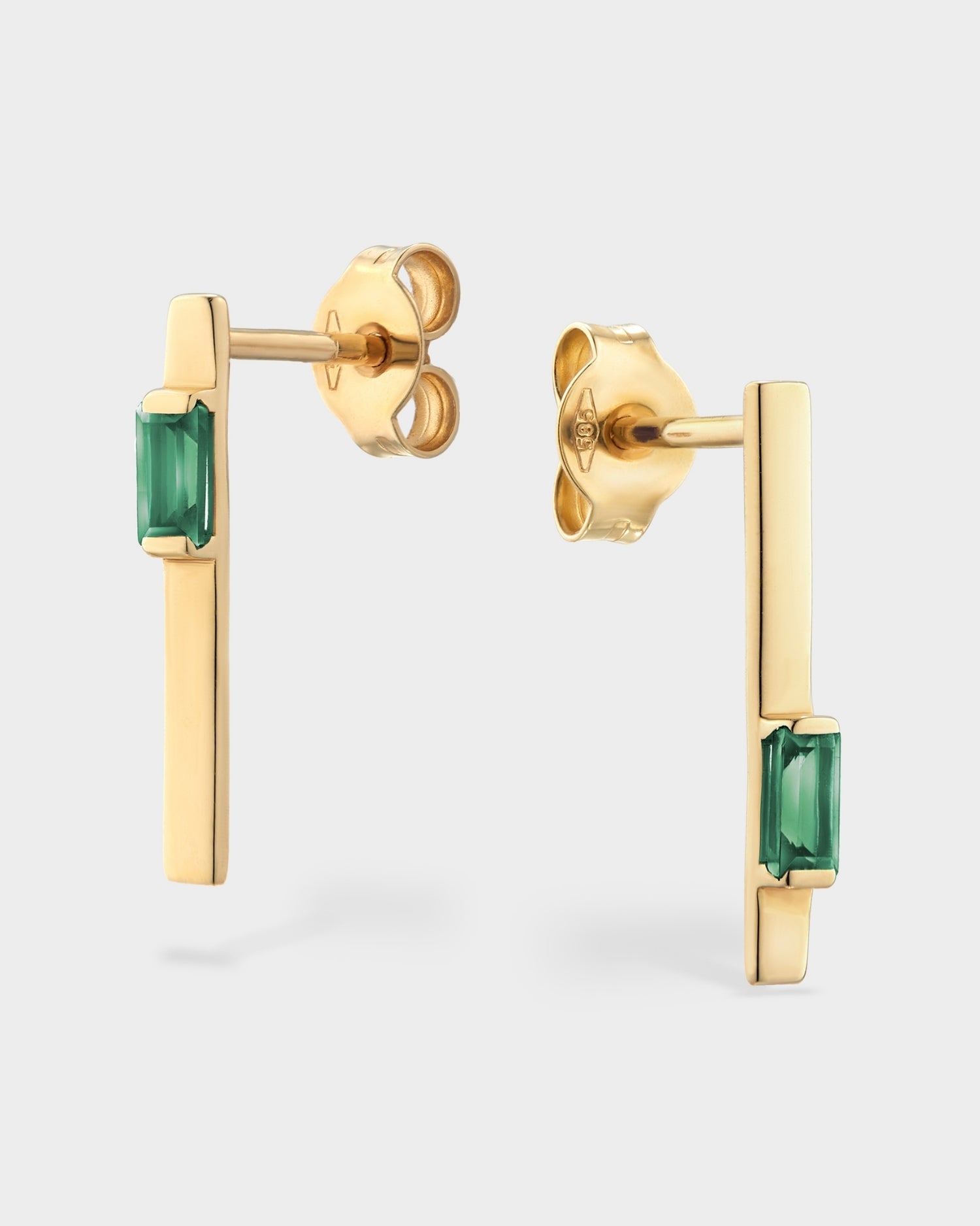 Baguette 14k gold linear earrings with emerald gemstones