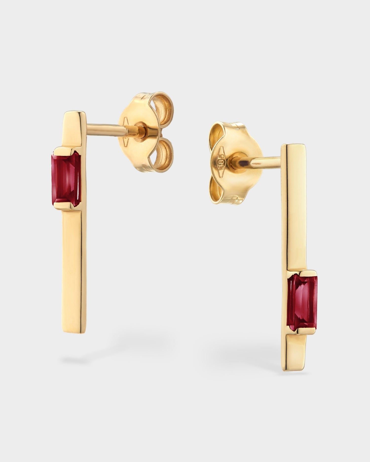 Baguette 14k gold linear earrings with ruby gemstones